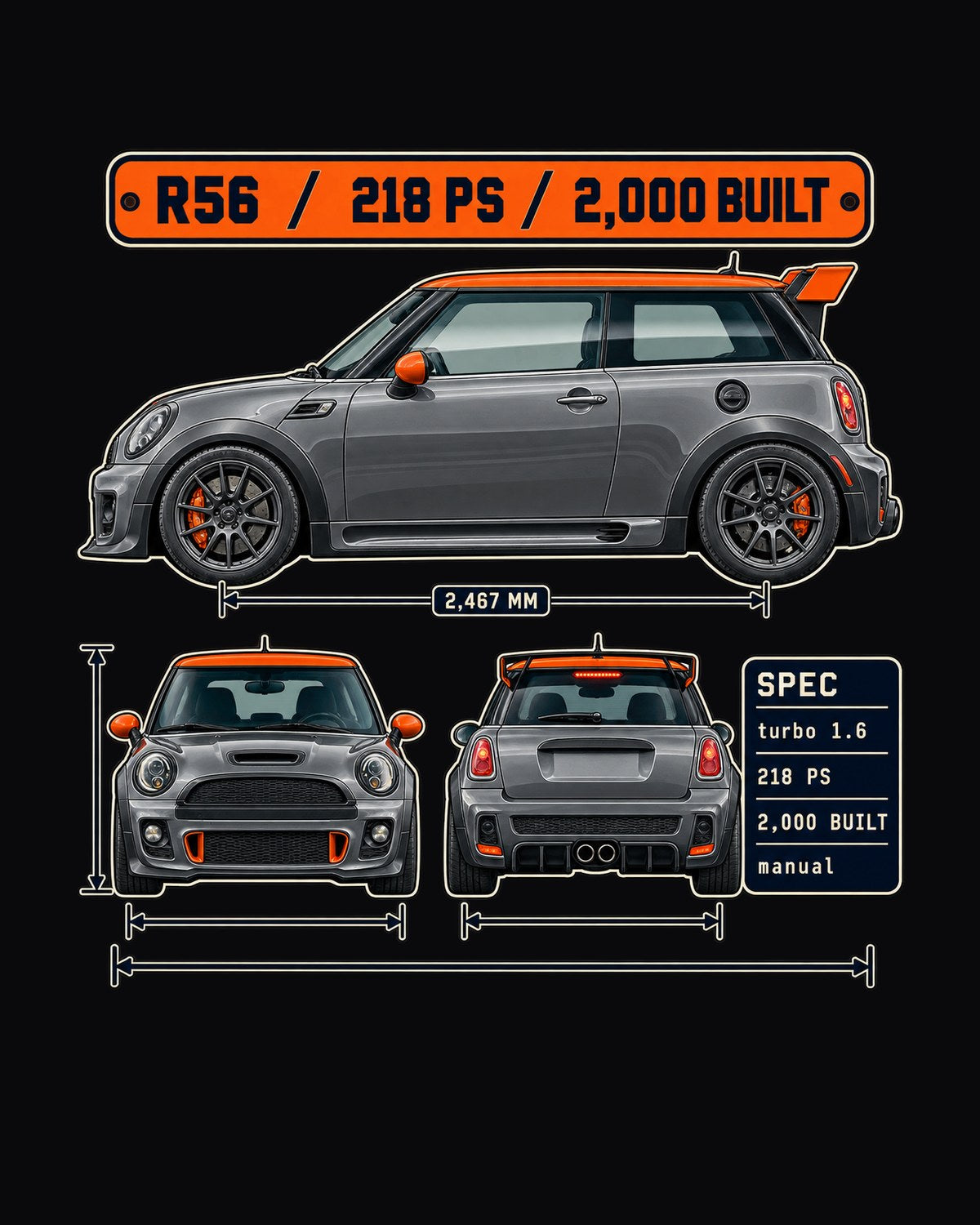 Mini JCW GP R56 2012 Three-View Spec Table Shirt design only