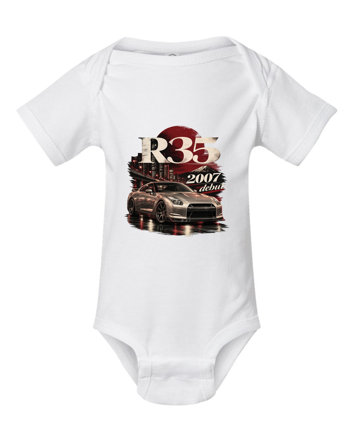 Nissan GT-R R35 2007 debut shape in warm silver on an archive panel white baby onesie front view with the design