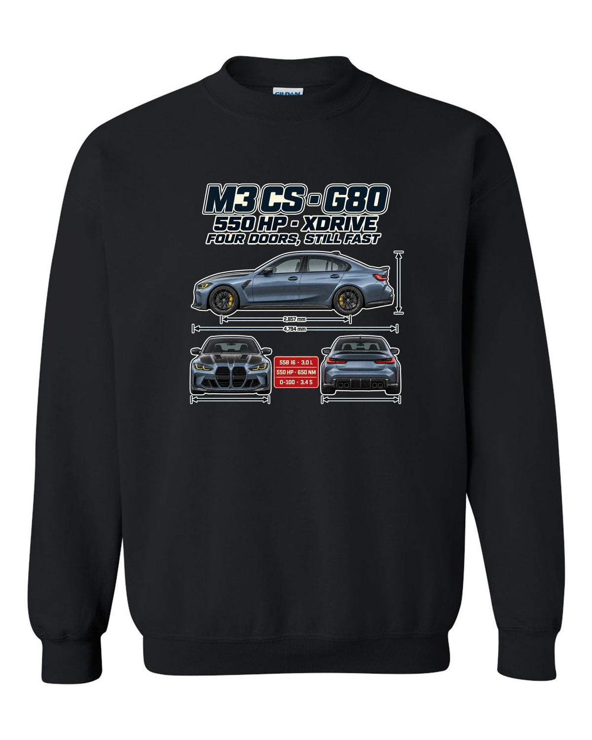 BMW M3 CS G80 2023 spec poster print black crewneck front view with the design