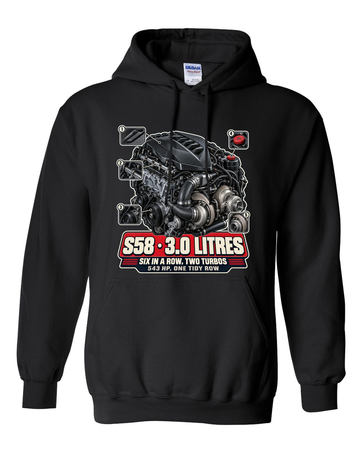 BMW M4 CSL G82 S58 engine bay hero print black pull over hoodie front view with the design
