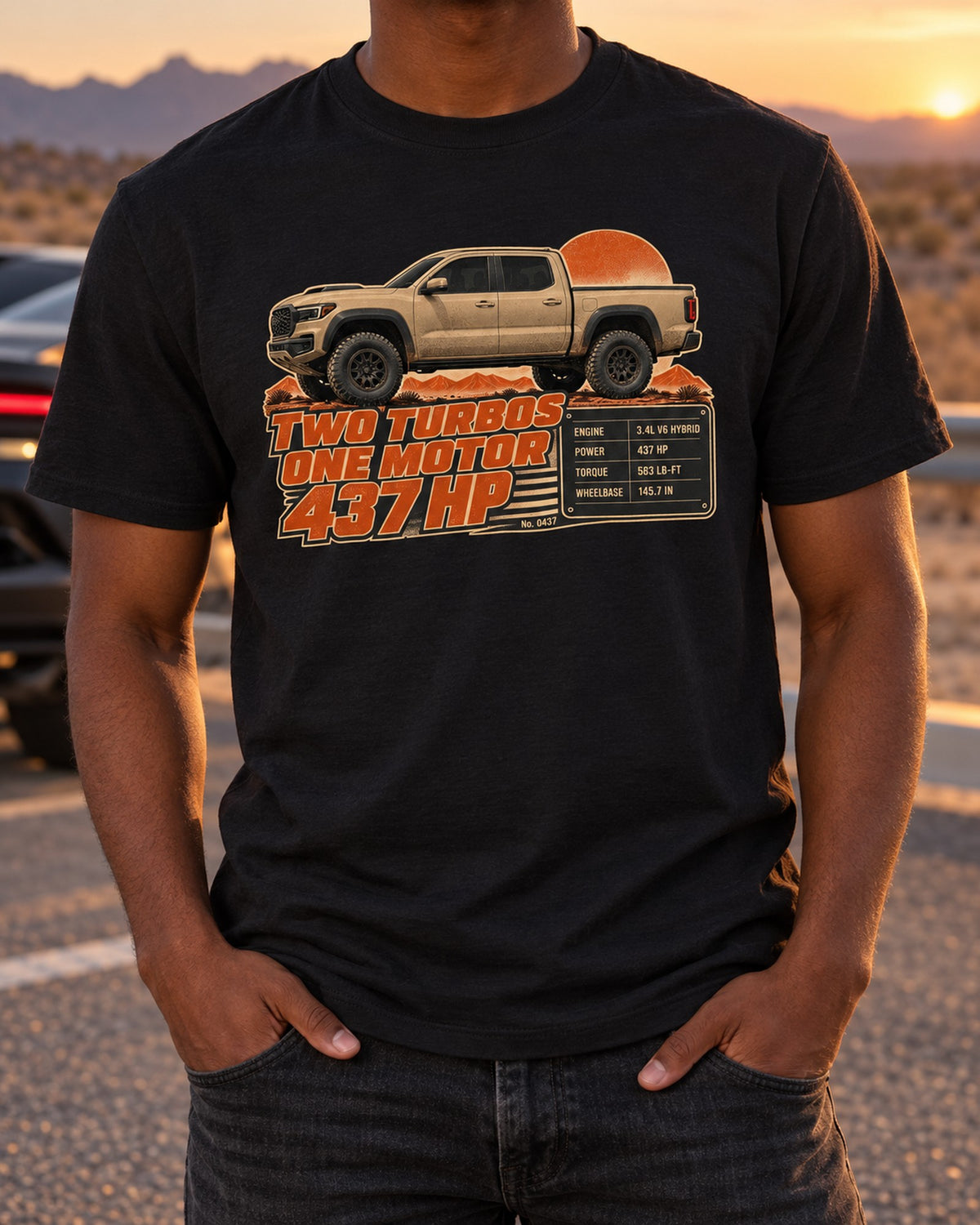 Toyota Tundra TRD Pro i-FORCE MAX Hybrid Spec Poster Shirt T-Shirt Black worn hero