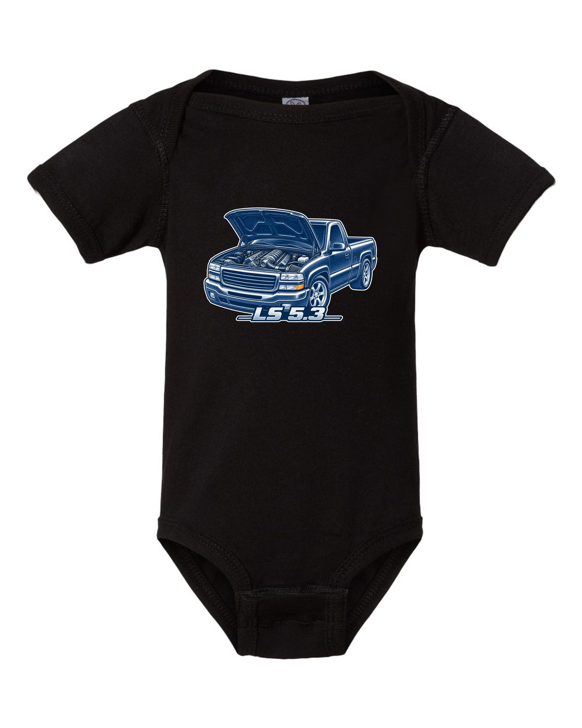 Cyanotype negative blueprint print of a 1999-2006 Chevrolet GMT800 NBS Silverado with LS 5.3 text black baby onesie front view with the design