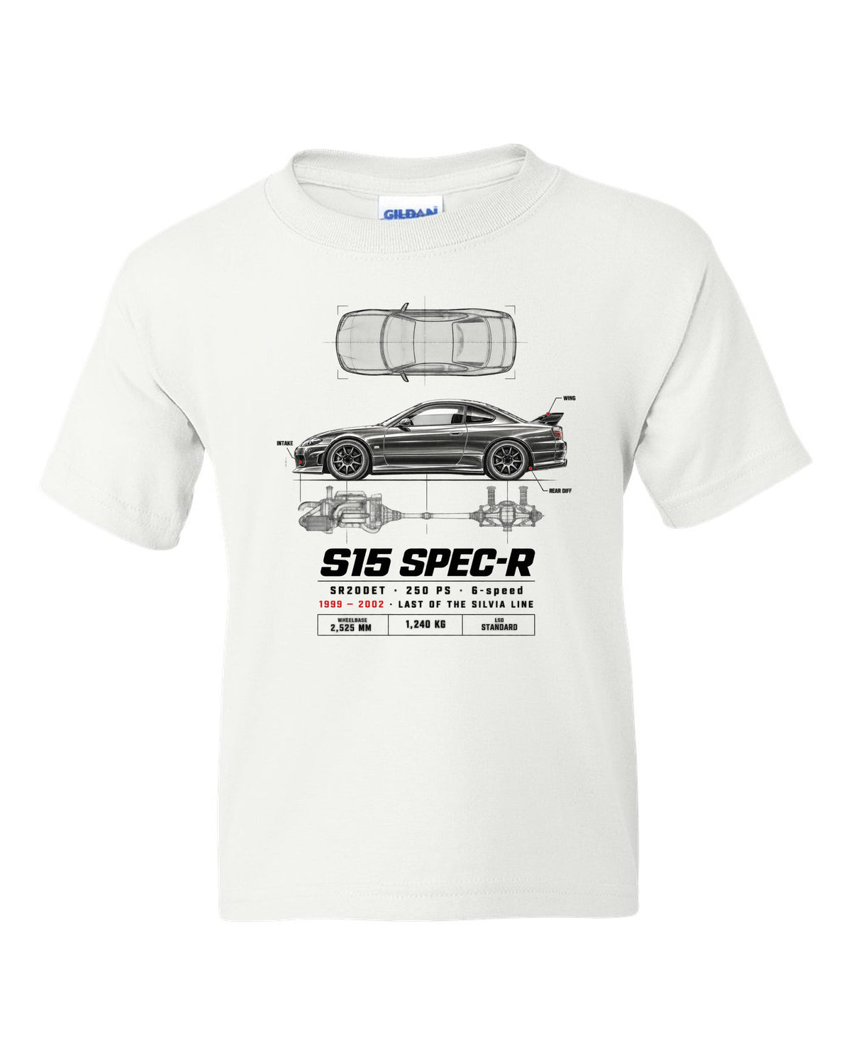 Spec poster print of a Nissan Silvia S15 Spec-R top-down profile with SR20DET data white kids tee front view with the design