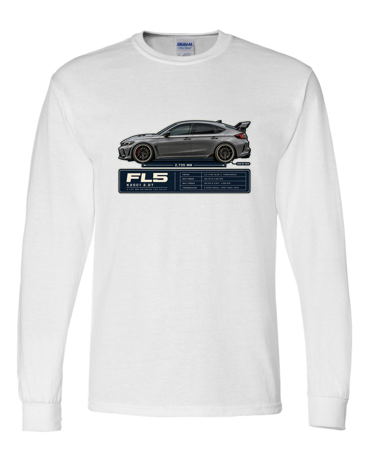 Honda Civic Type R FL5 Wheelbase Blueprint white long sleeve front view with the design