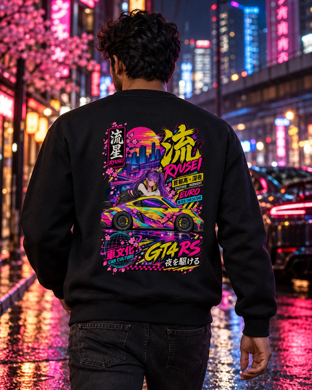 RYUSEI GT4 RS Anime Girl Full-Back Graphic Tee Crewneck Black worn hero