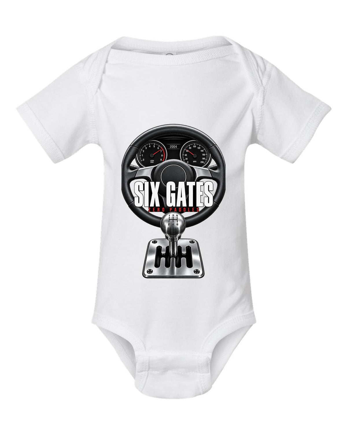 Cockpit print of a Lamborghini Gallardo with gated six-speed shifter and Six Gates text white baby onesie front view with the design