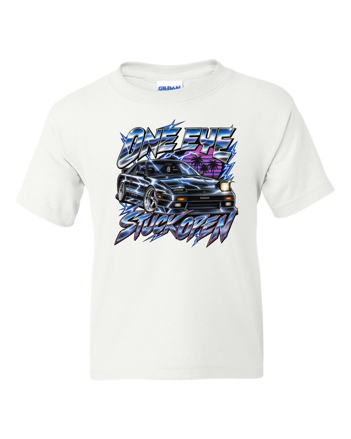 80s airbrush chrome print of a Nissan 180SX S13 ch with one eye stuck open text white kids tee front view with the design