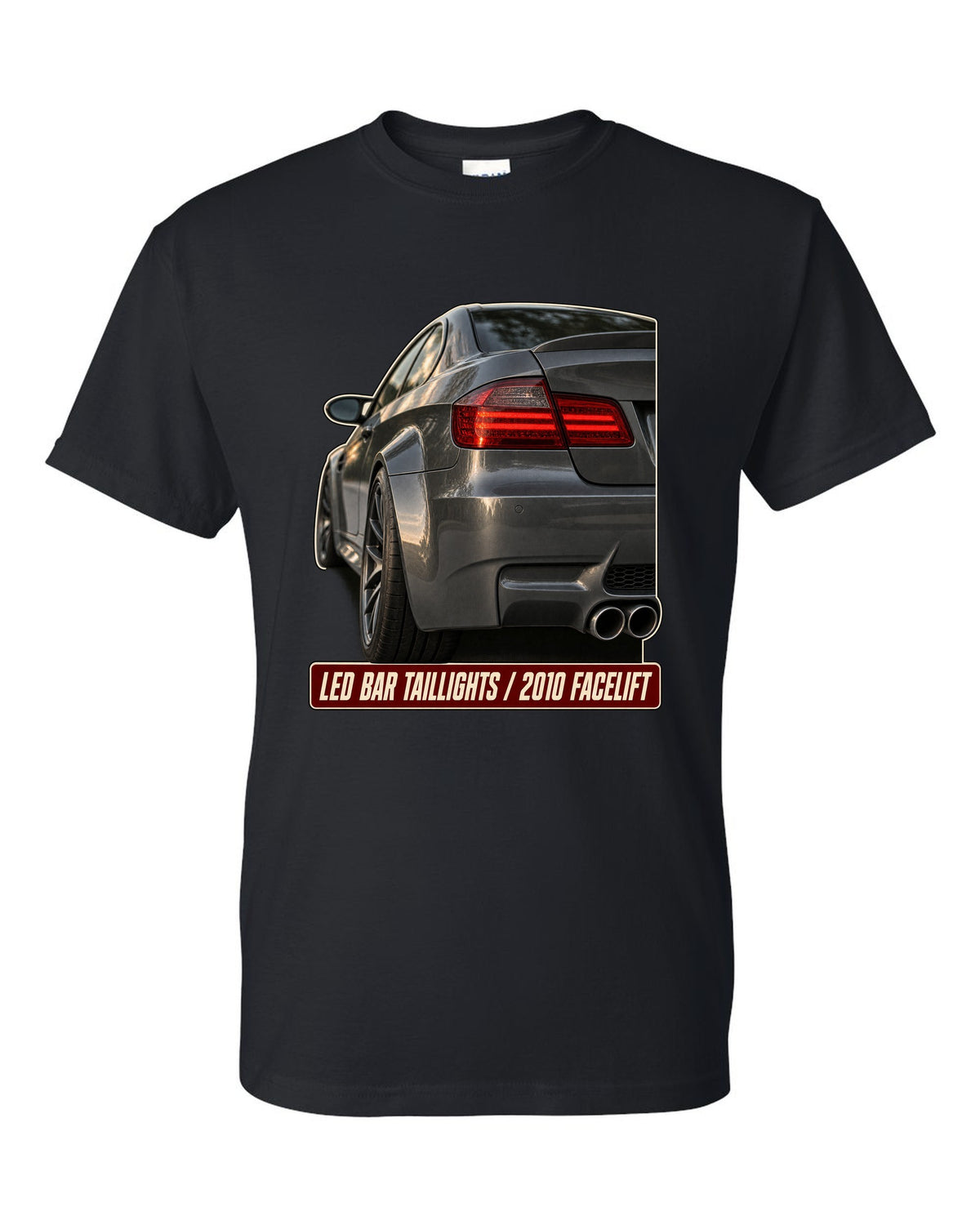 BMW M3 E92 LCI LED bar taillight close-up print black t-shirt front view with the design
