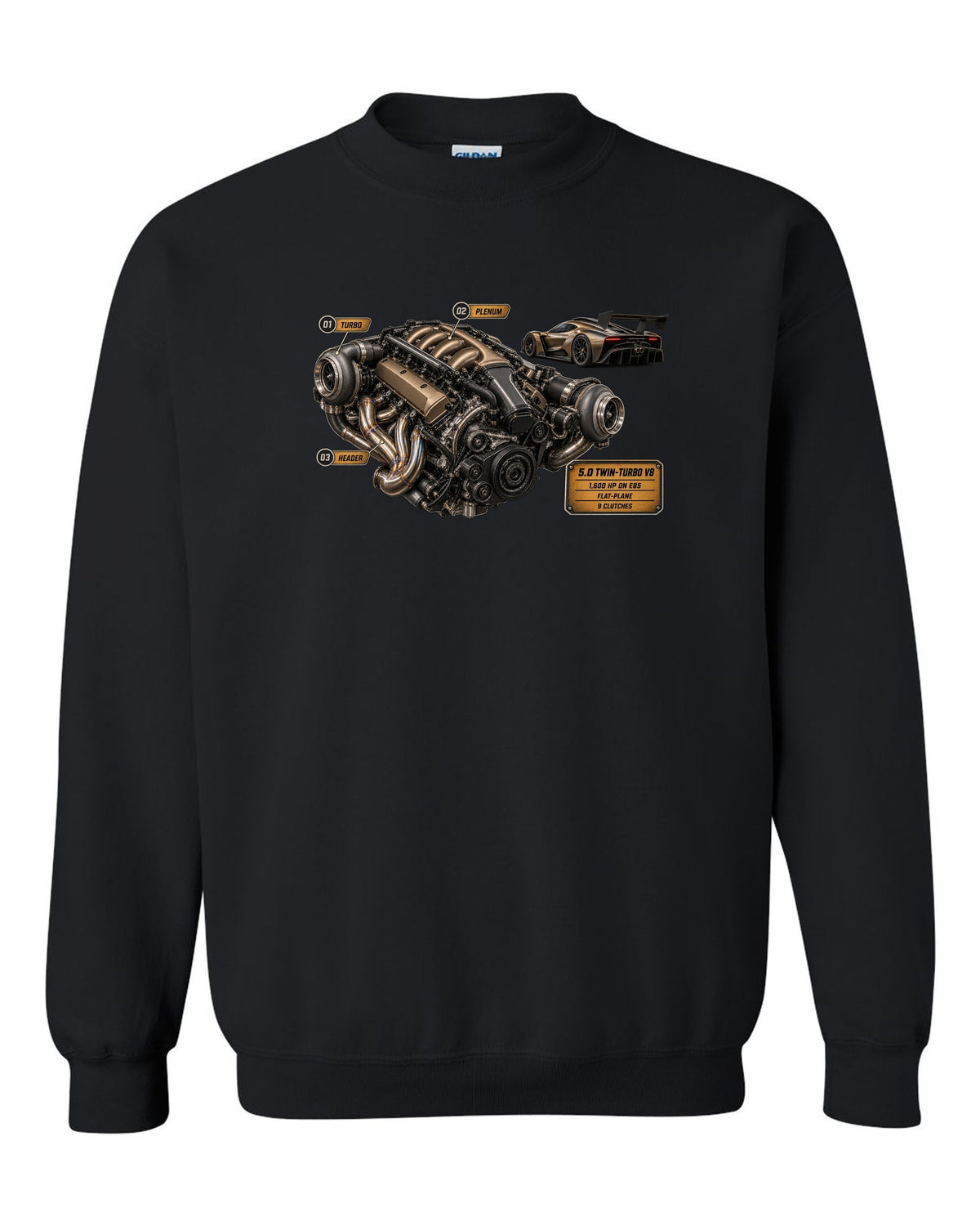 print engine hero of a Koenigsegg Jesko in bronze-grey carbon weave black crewneck front view with the design