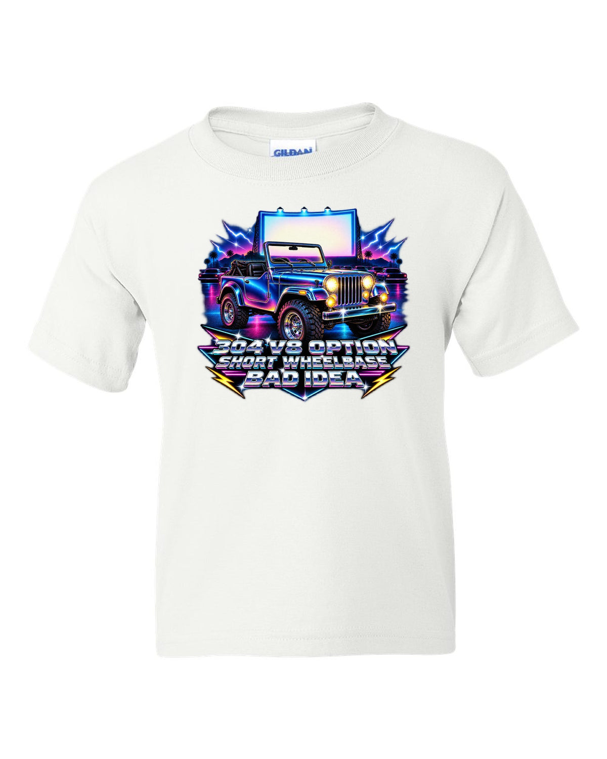 80s airbrush chrome print of a Jeep CJ-5 with 304 V8 option text white kids tee front view with the design