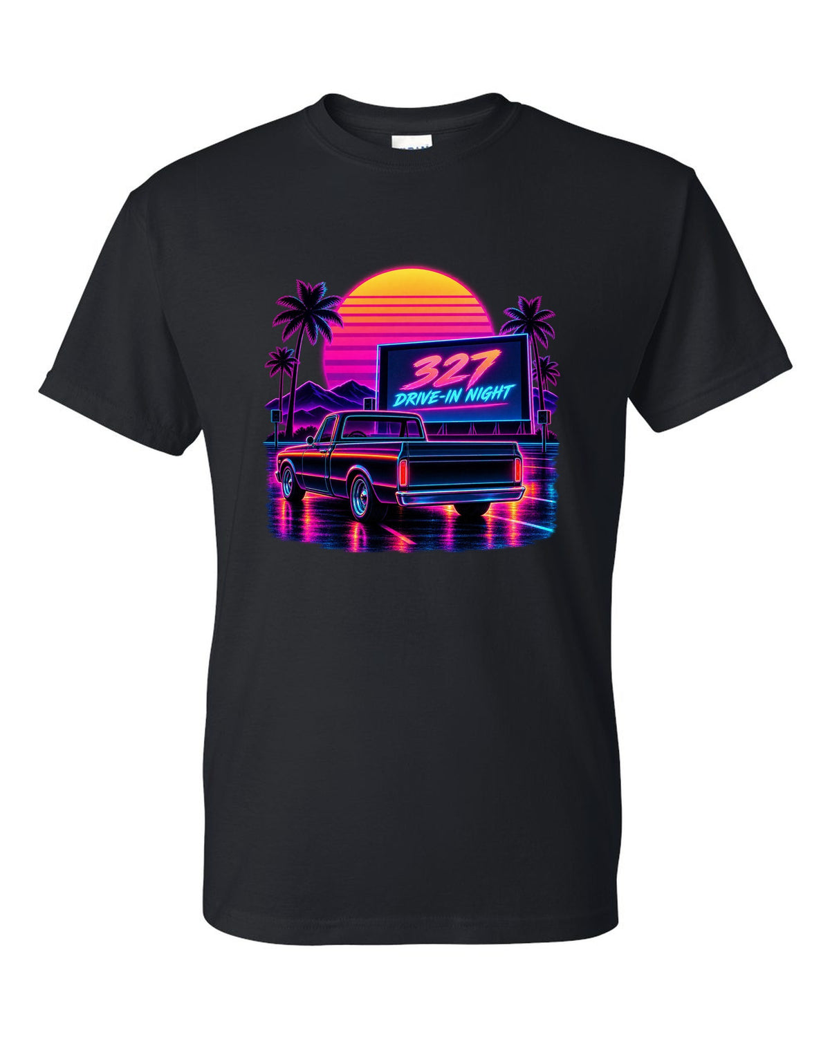 Synthwave outrun print of a 1967-72 Chevrolet C10 Action Line Fleetside at a drive-in with 327 lettering black t-shirt front view with the design