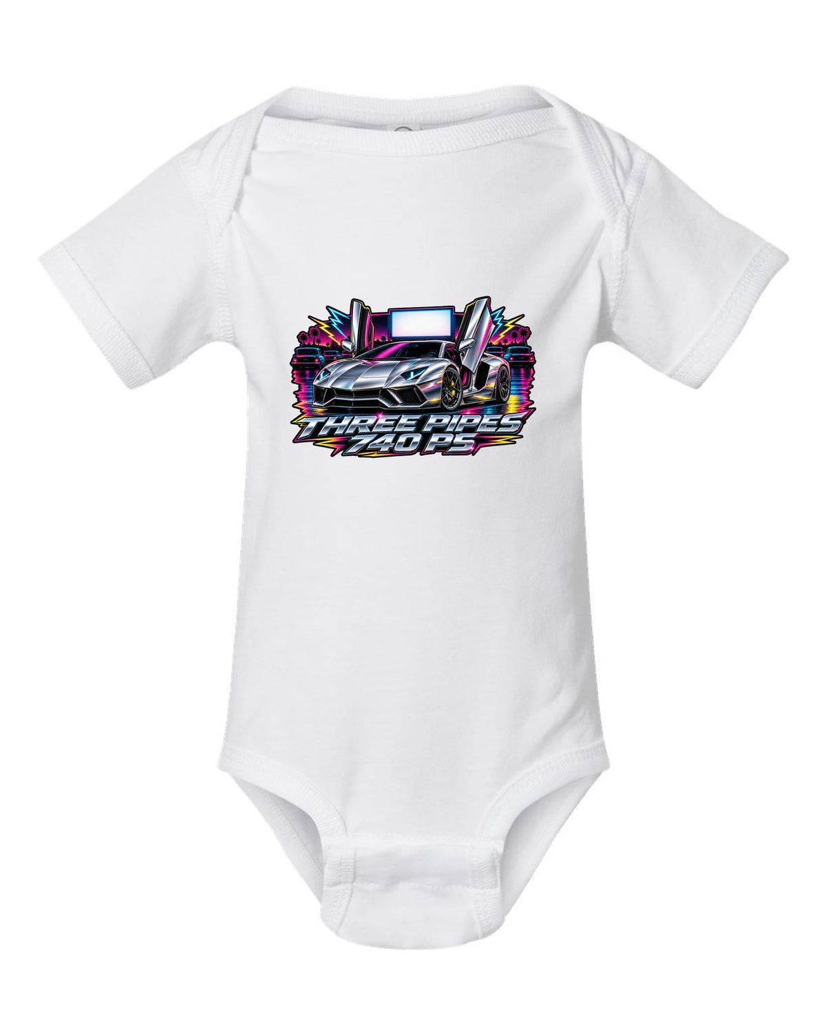 80s airbrush chrome Lamborghini Aventador S LP740-4 with the text THREE PIPES / 740 PS white baby onesie front view with the design