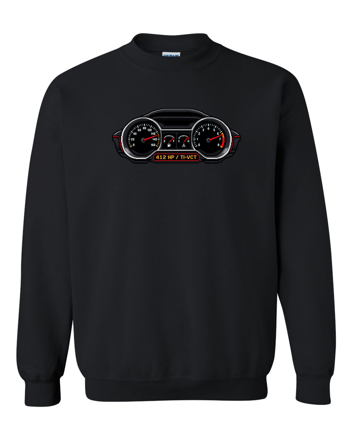 Pixel art 2005-2014 S197 Ford Mustang fastback with Coyote 412 HP gauges black crewneck front view with the design