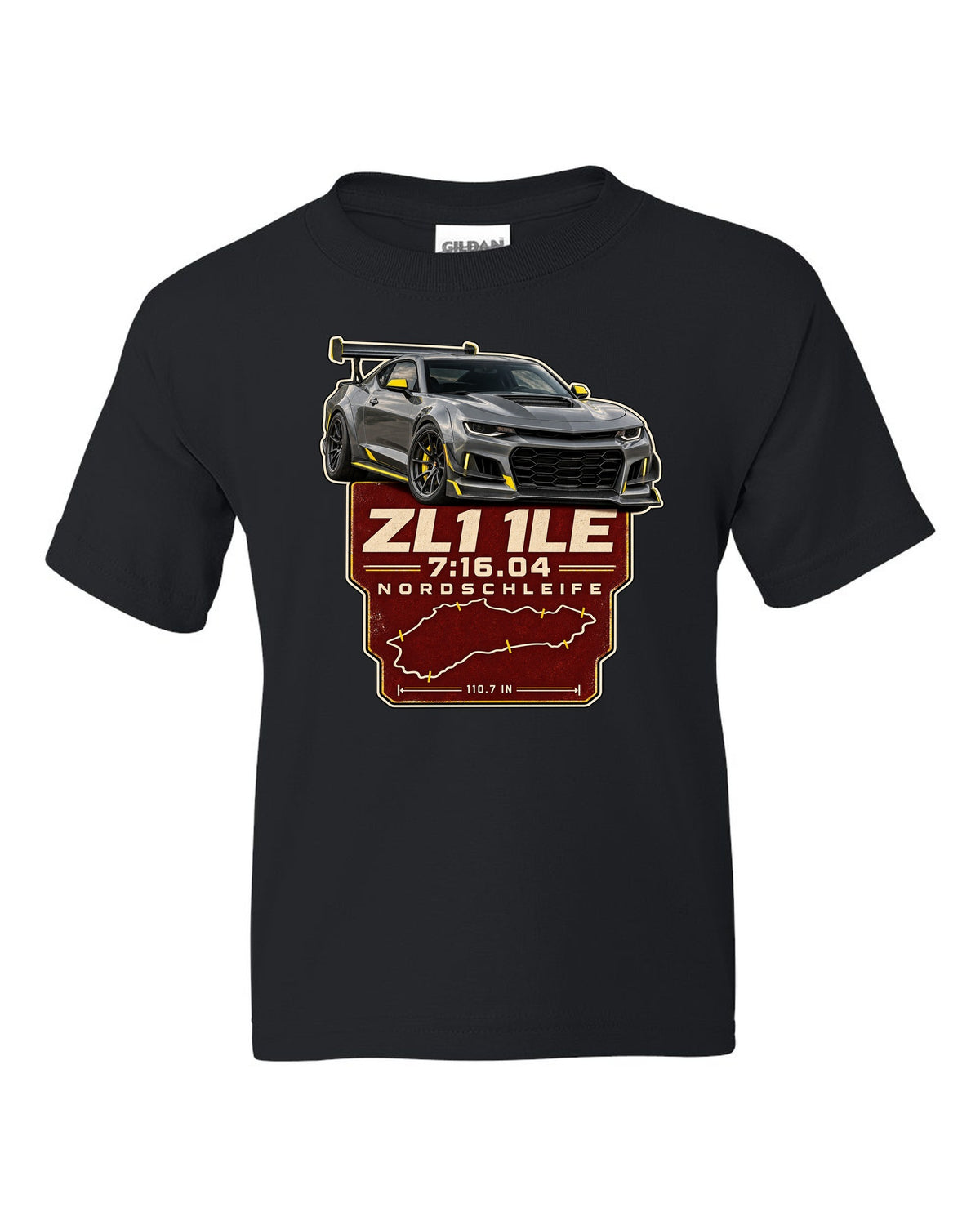 Lap time poster print of a Chevrolet Camaro ZL1 1LE black kids tee front view with the design