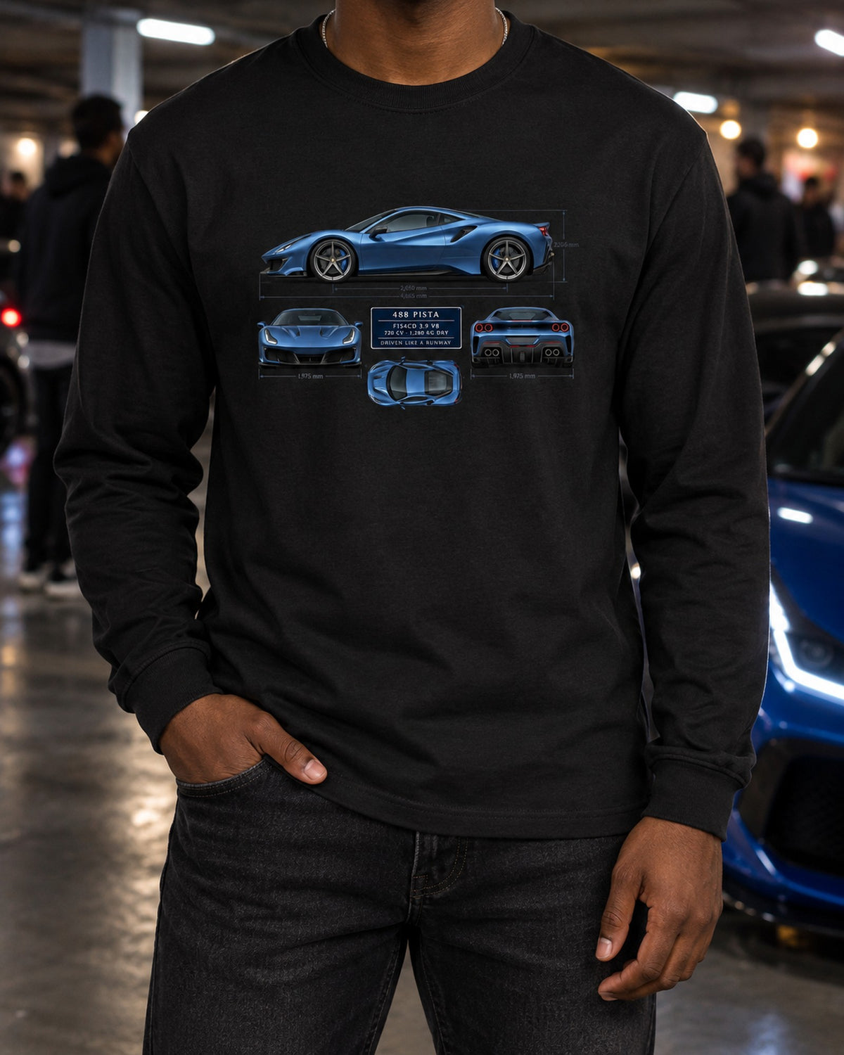Ferrari 488 Pista Blueprint Shirt, F154CD V8 print Long Sleeve Black worn hero