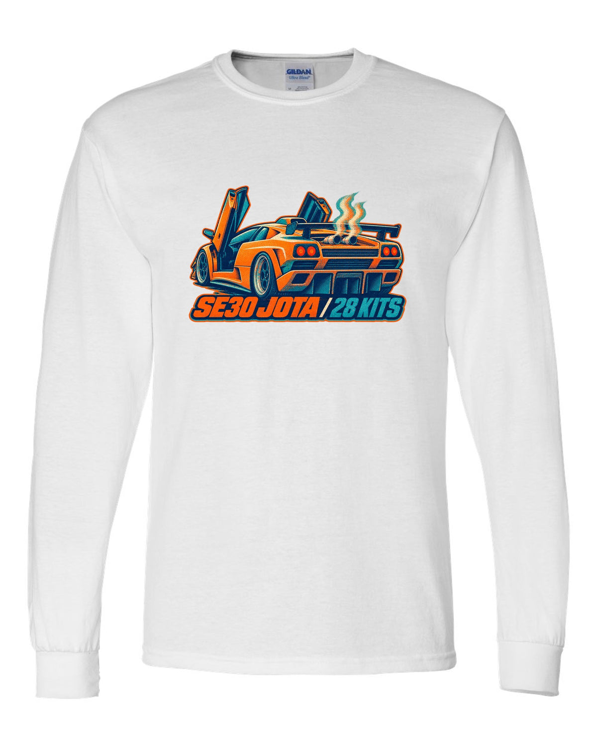 Risograph spot-colour print of a 1995 Lamborghini Diablo SE30 Jota with 28 kits lettering white long sleeve front view with the design