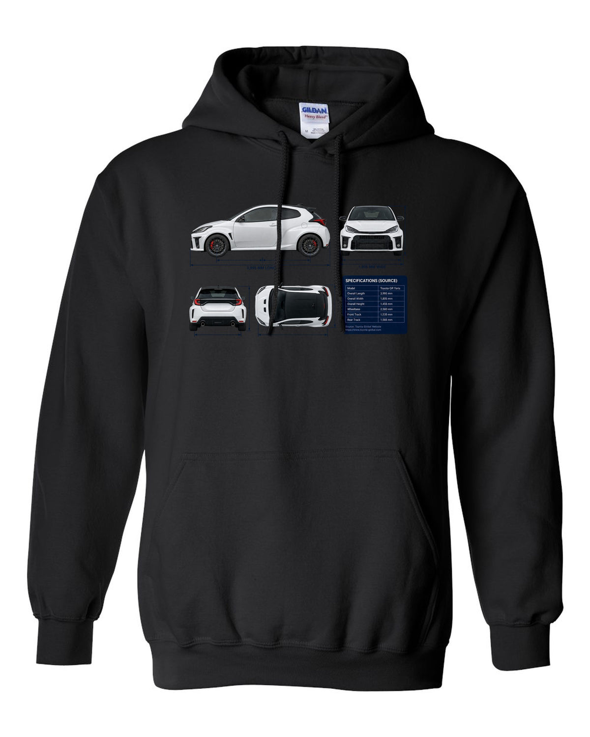 Toyota GR Corolla Morizo Edition Blueprint black pull over hoodie front view with the design