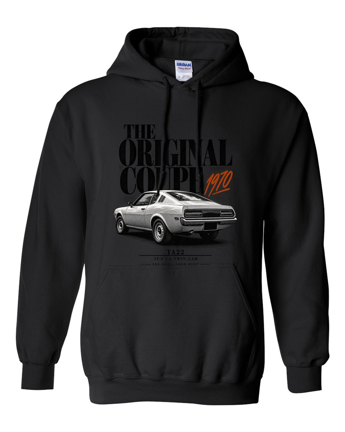 Editorial headline print of a Toyota Celica TA22 coupe with 2T-G 1.6 twin cam text black pull over hoodie front view with the design