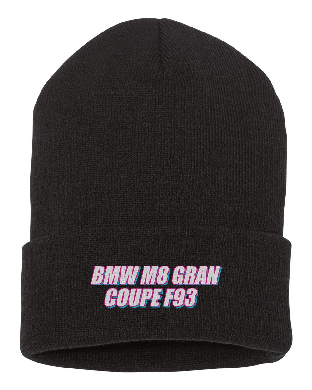 Bmw M8 Gran Coupe F93 black beanie front view with car name