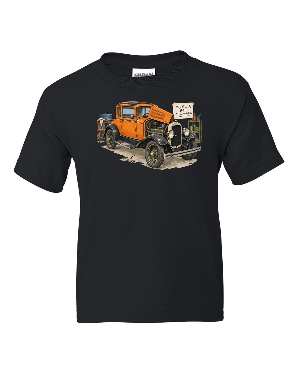Ink and marker sketch of a 1928 Ford Model A coupe with still running lettering black kids tee front view with the design