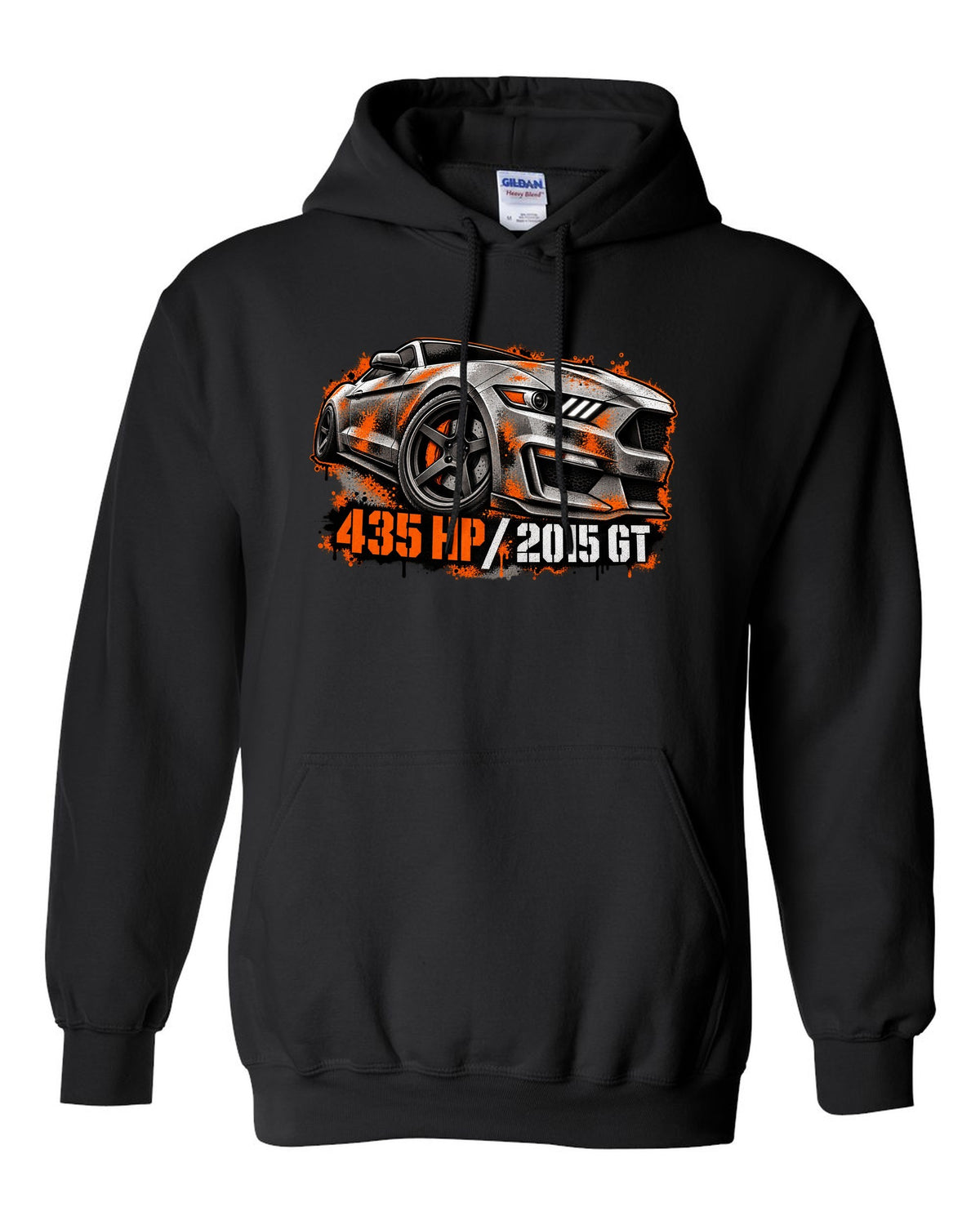 Stencil spray street art 2015 S550 Ford Mustang GT fastback with 435 HP text black pull over hoodie front view with the design
