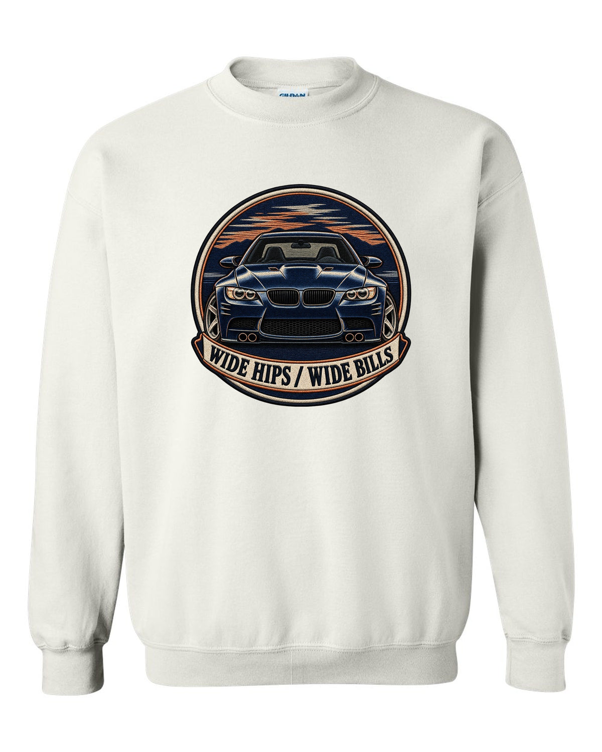 Varsity crest style print of a BMW E92 M3 coupe with wide hips wide bills text white crewneck front view with the design