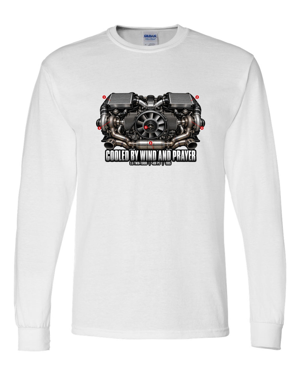 Engine hero print of the Porsche 911 Turbo (993) air-cooled twin-turbo flat-six with the line Cooled By Wind And Prayer white long sleeve front view with the design