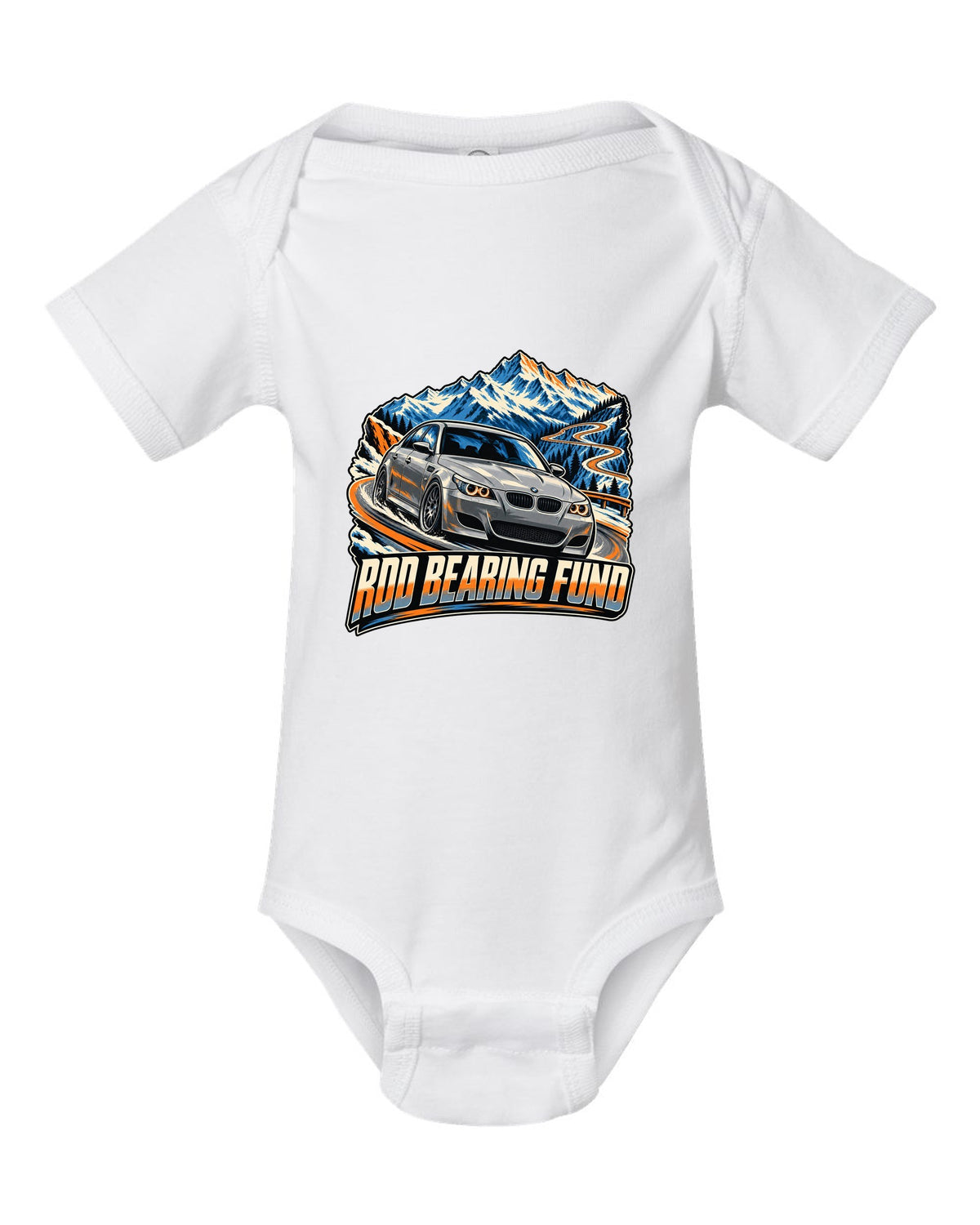 Retro Japanese showa catalogue print of a BMW M5 E28 with S38 3.5 six text white baby onesie front view with the design