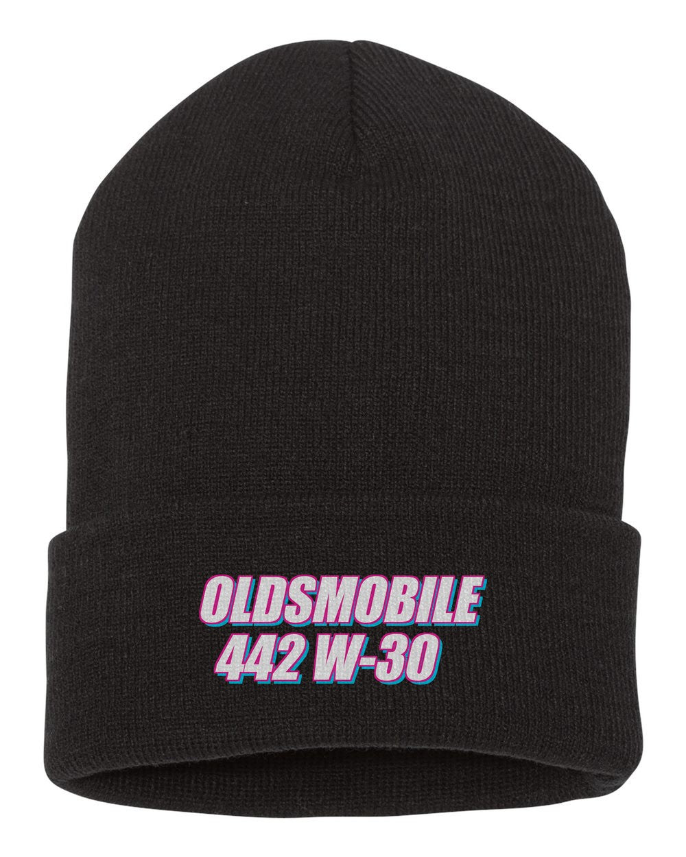 Oldsmobile 442 W-30 black beanie front view with car name