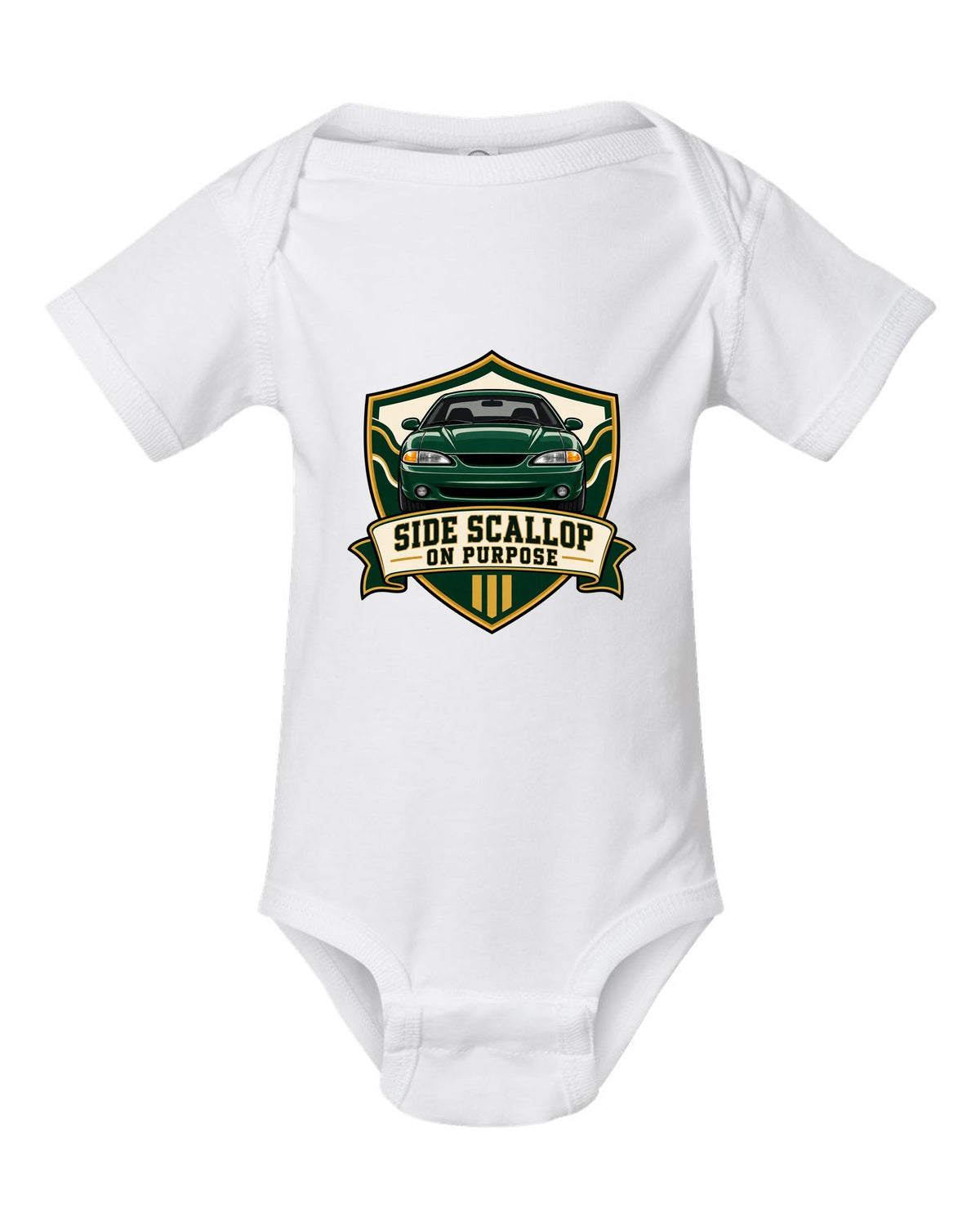 SN95 Mustang 1994-98 Varsity Crest white baby onesie front view with the design