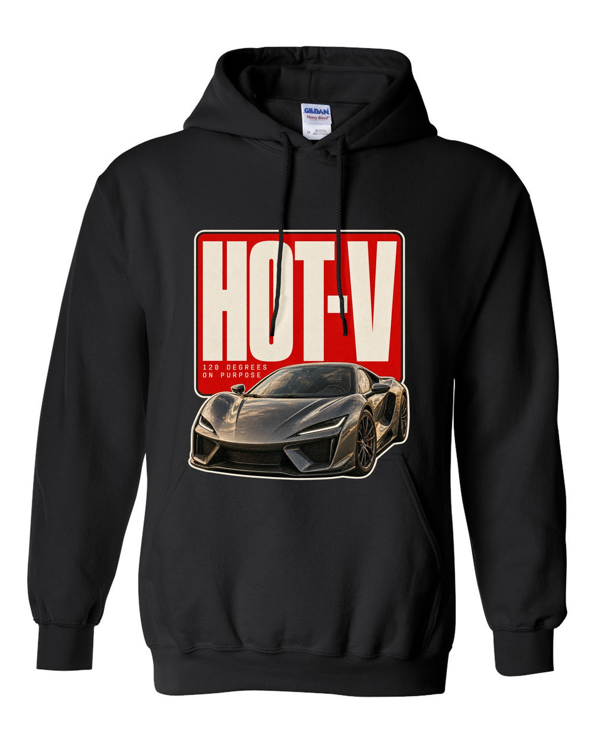 Editorial headline print of a McLaren Artura with hot-V 120 degree text black pull over hoodie front view with the design