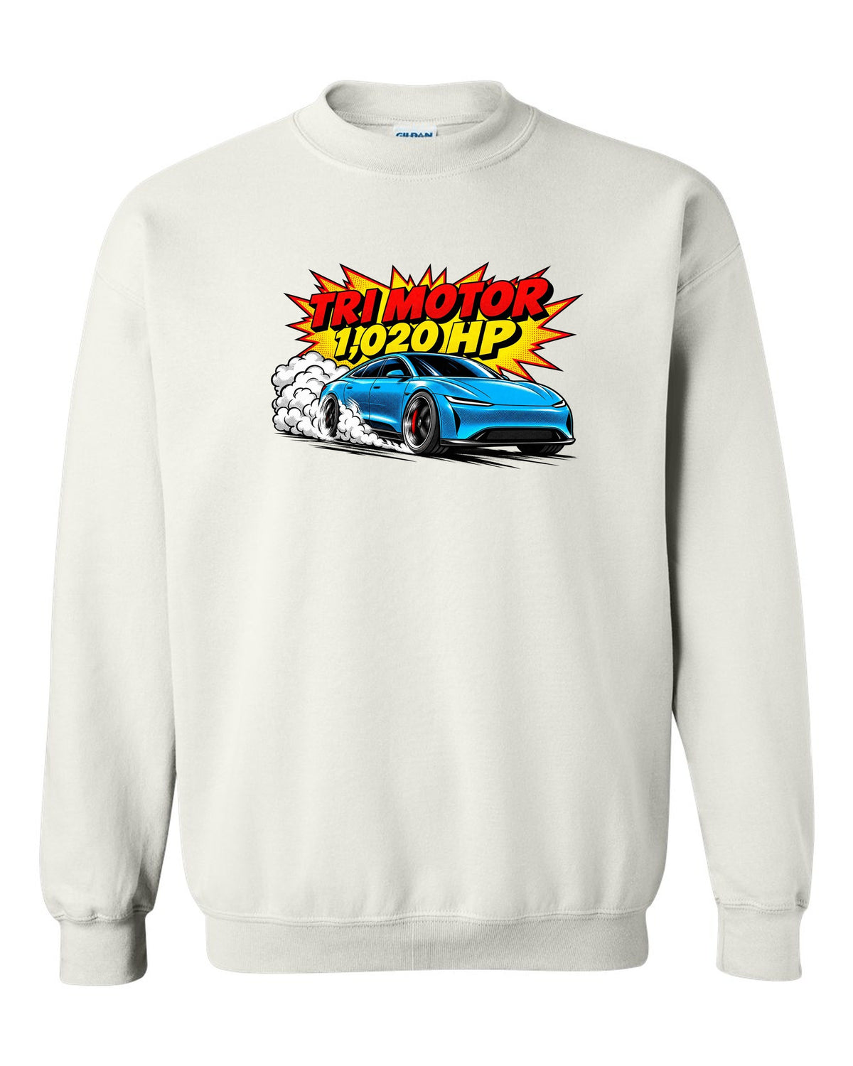 Comic halftone pop-art of a 2021 Tesla Model S Plaid with the words Tri Motor 1,020 HP white crewneck front view with the design