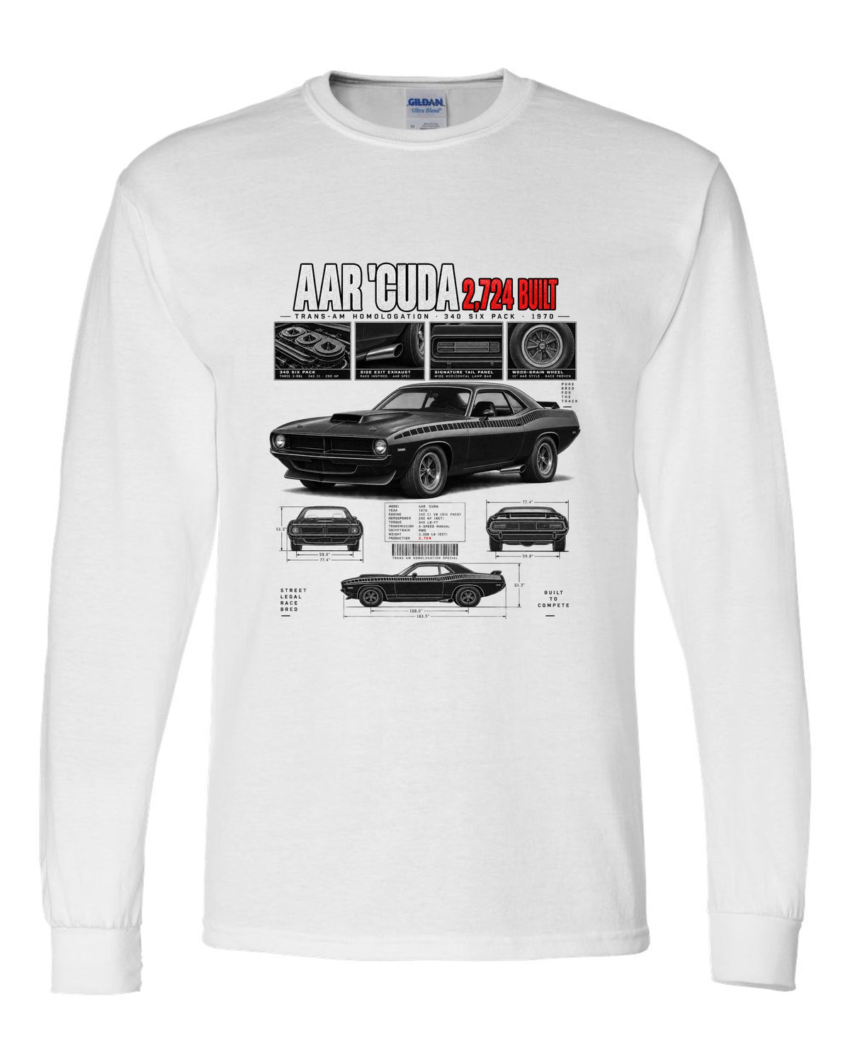 1970 Plymouth AAR Cuda E-body Dossier, 2,724 Built Tee white long sleeve front view with the design