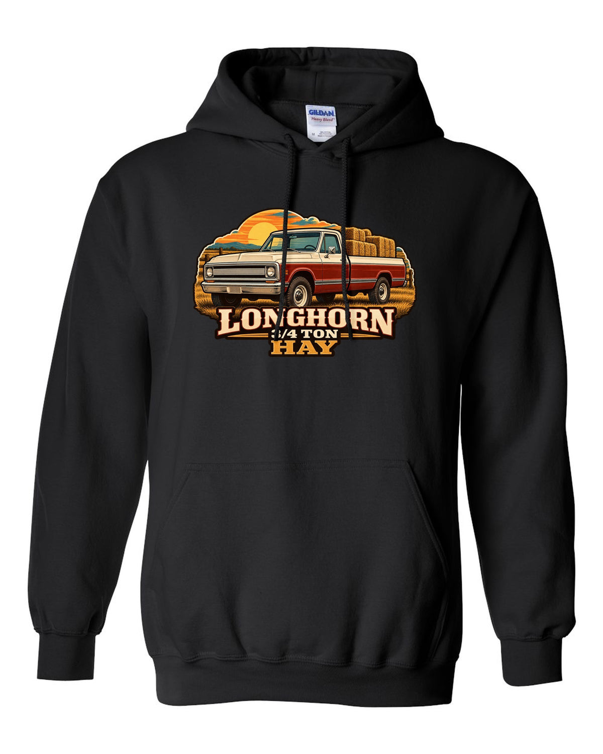 Vintage dealer-ad print of a 1967-72 Chevrolet C20 Longhorn with Longhorn 3/4 Ton Hay text black pull over hoodie front view with the design