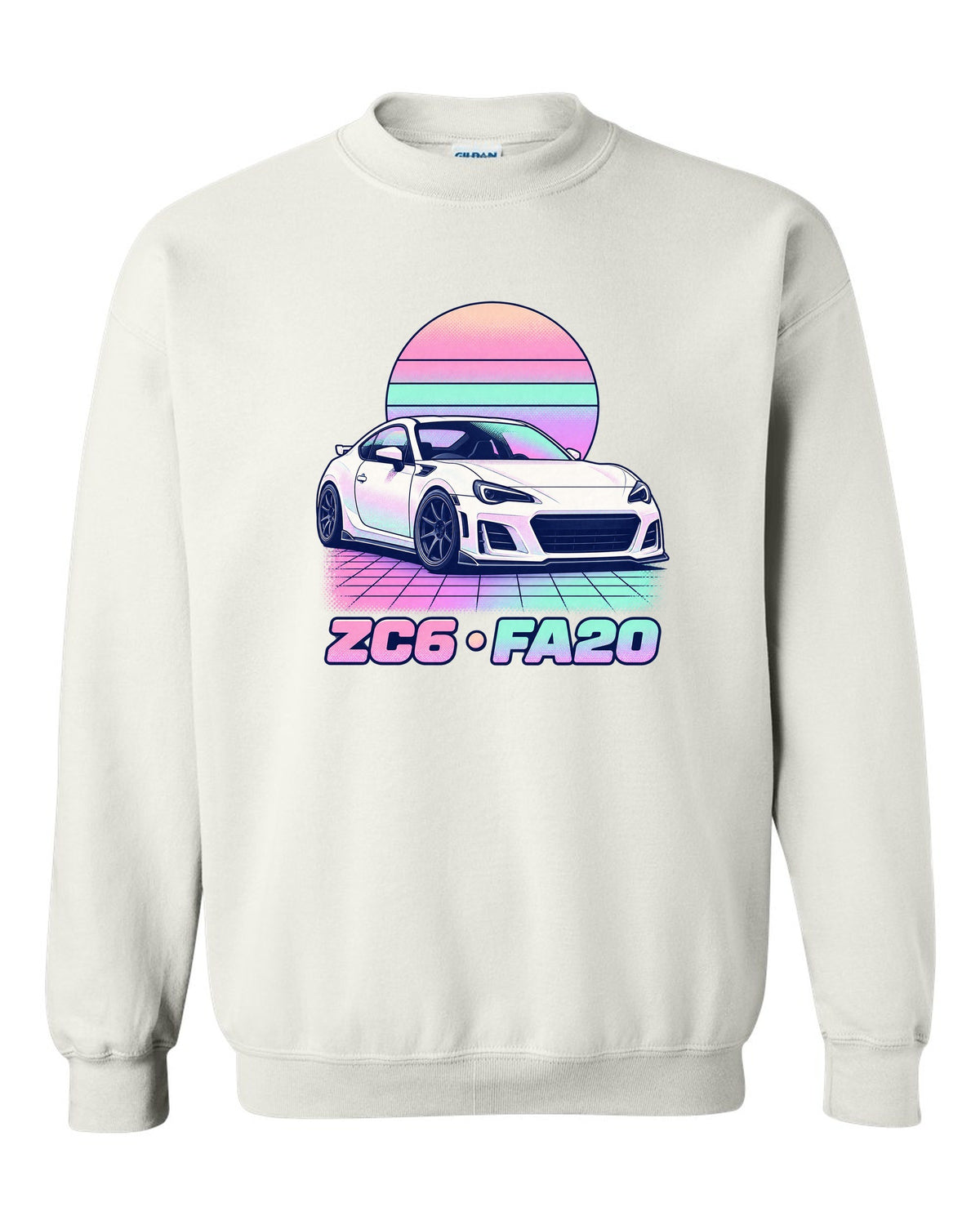 Subaru BRZ ZD8 round varsity crest print, ZD8 / FA24 / 2022 white crewneck front view with the design