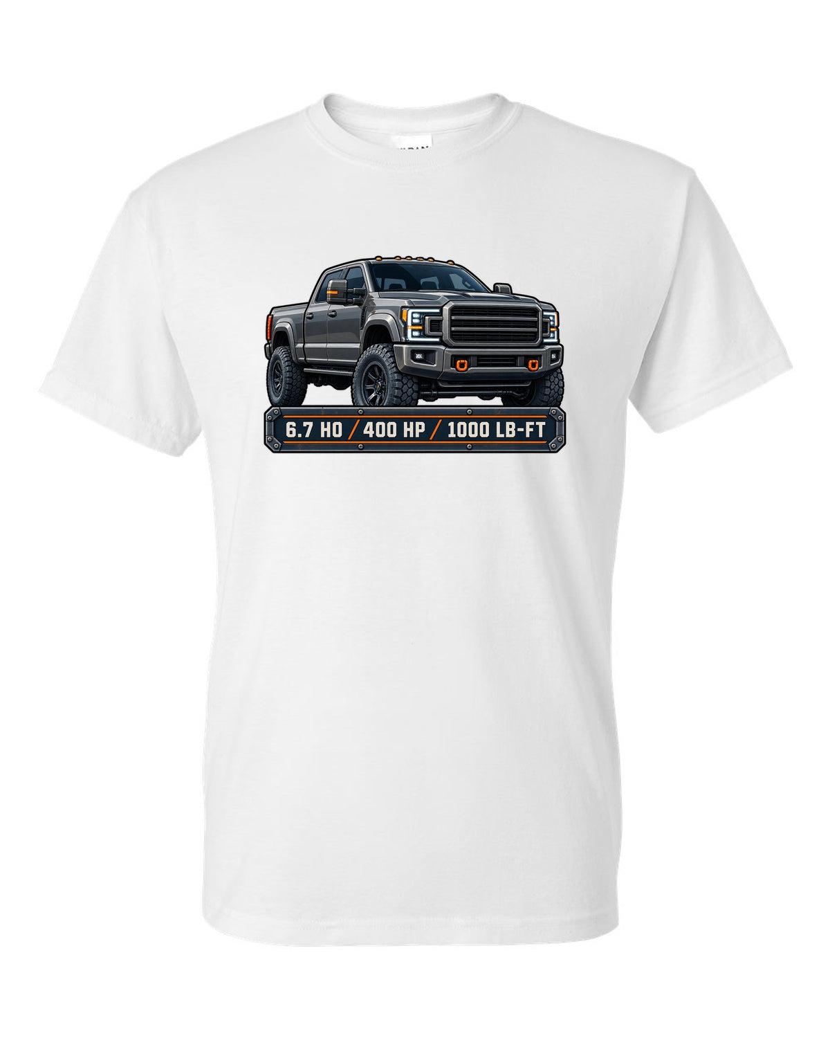 Spec-sheet data plate print for a 2019-2024 Ram HD 2500 crew cab with 6.7 HO 400 HP 1000 lb-ft text white t-shirt front view with the design