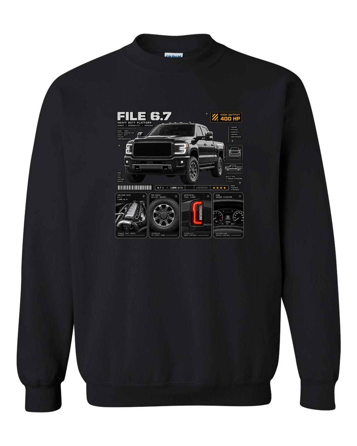 Dossier print of a 2019-24 Ram HD 2500 5th gen in a three-quarter front view black crewneck front view with the design