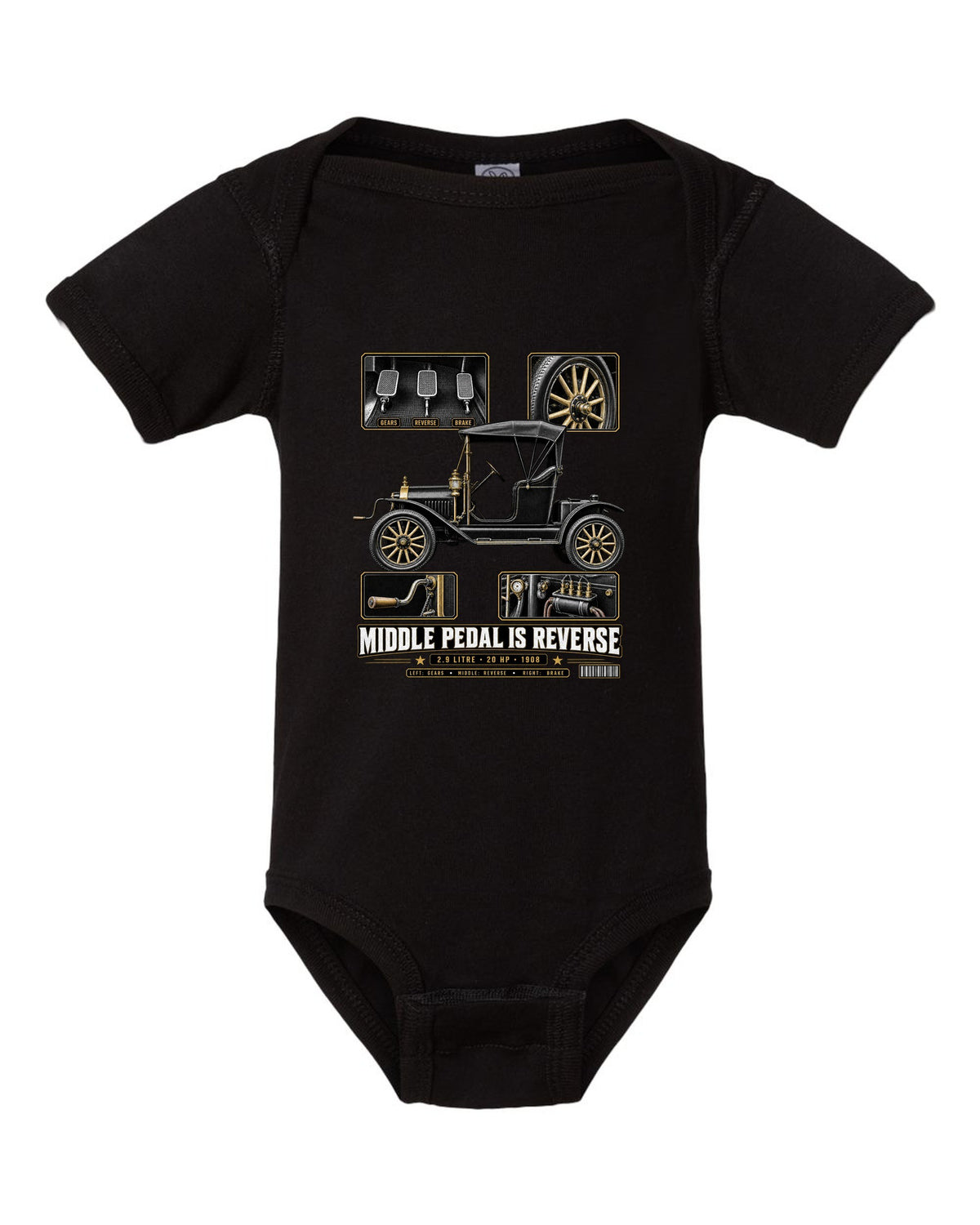 Dossier panel print of a Ford Model T runabout showing its three pedals black baby onesie front view with the design