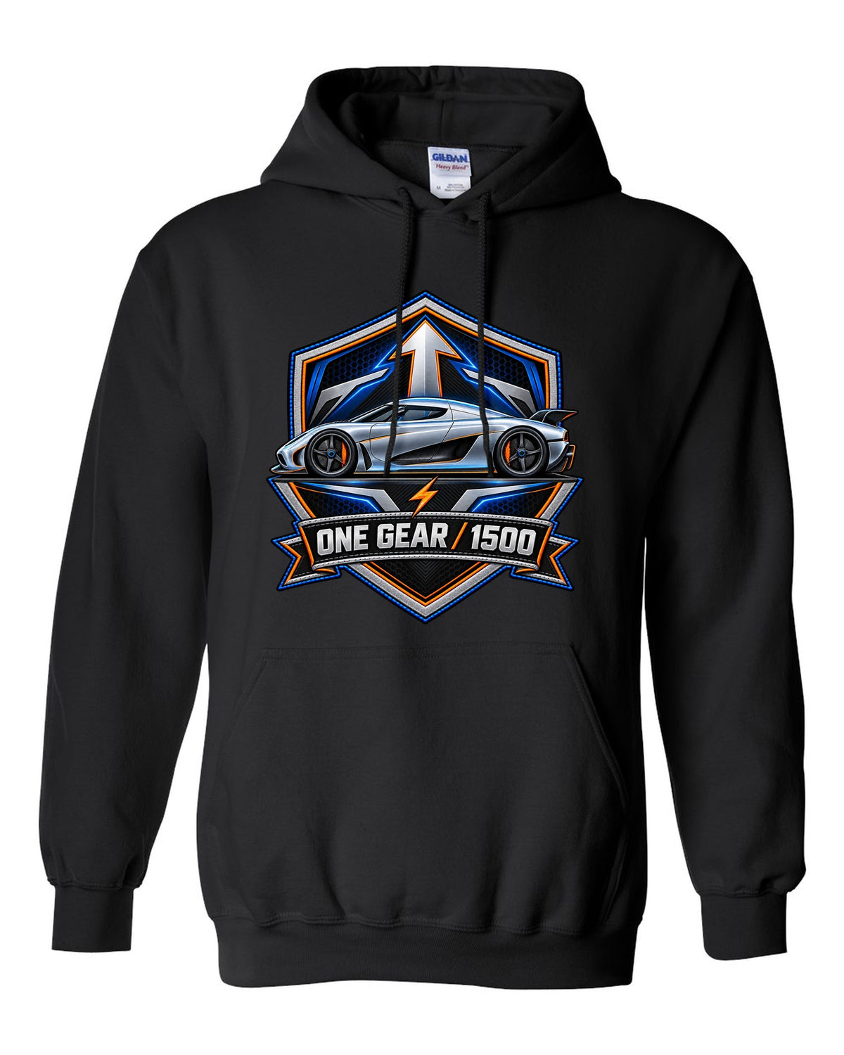 Embroidery-style varsity crest for the Koenigsegg Regera with ONE GEAR 1500 lettering black pull over hoodie front view with the design