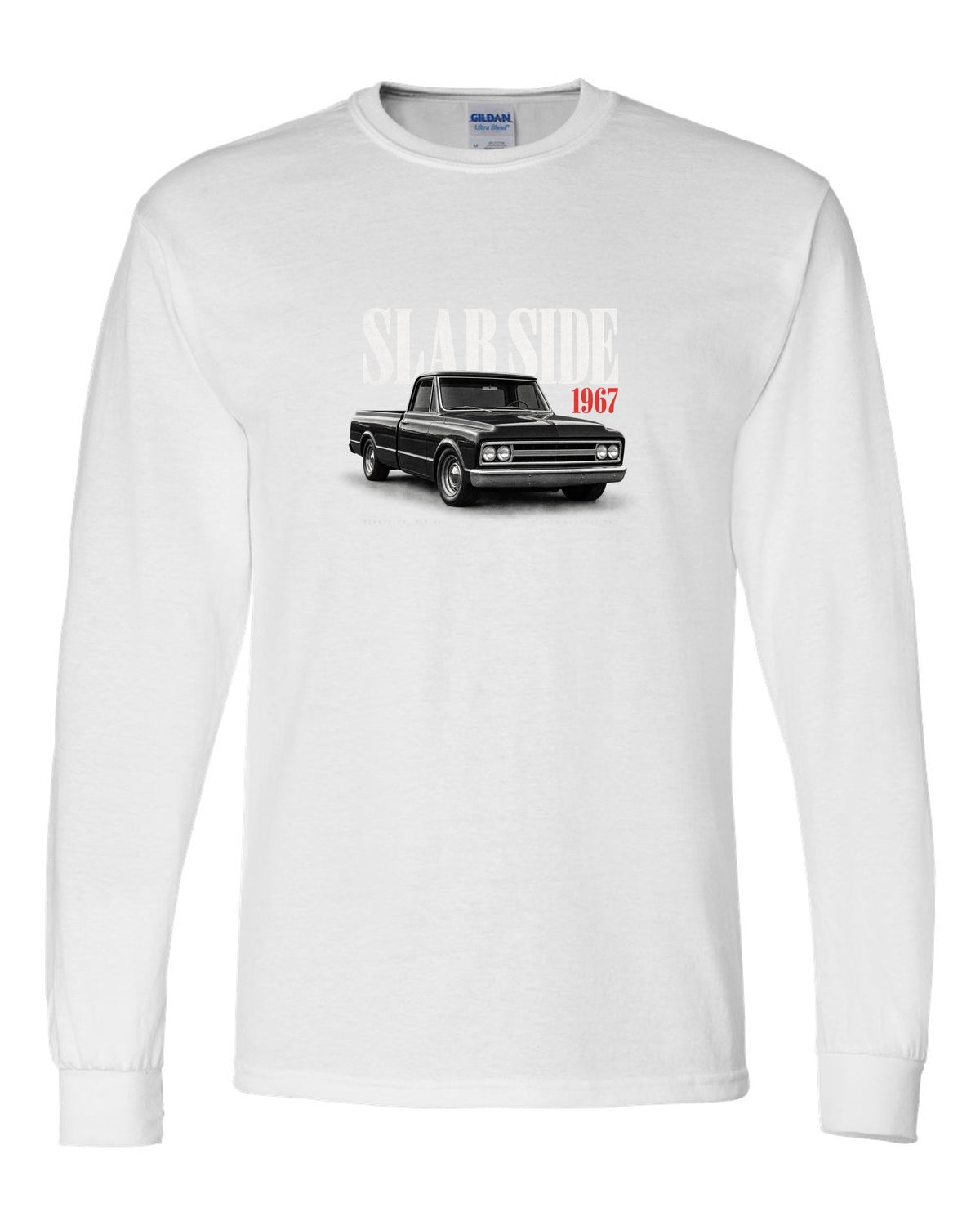 Editorial print of a 1967-72 Chevrolet C10 Action Line Fleetside with 283 V8 text white long sleeve front view with the design