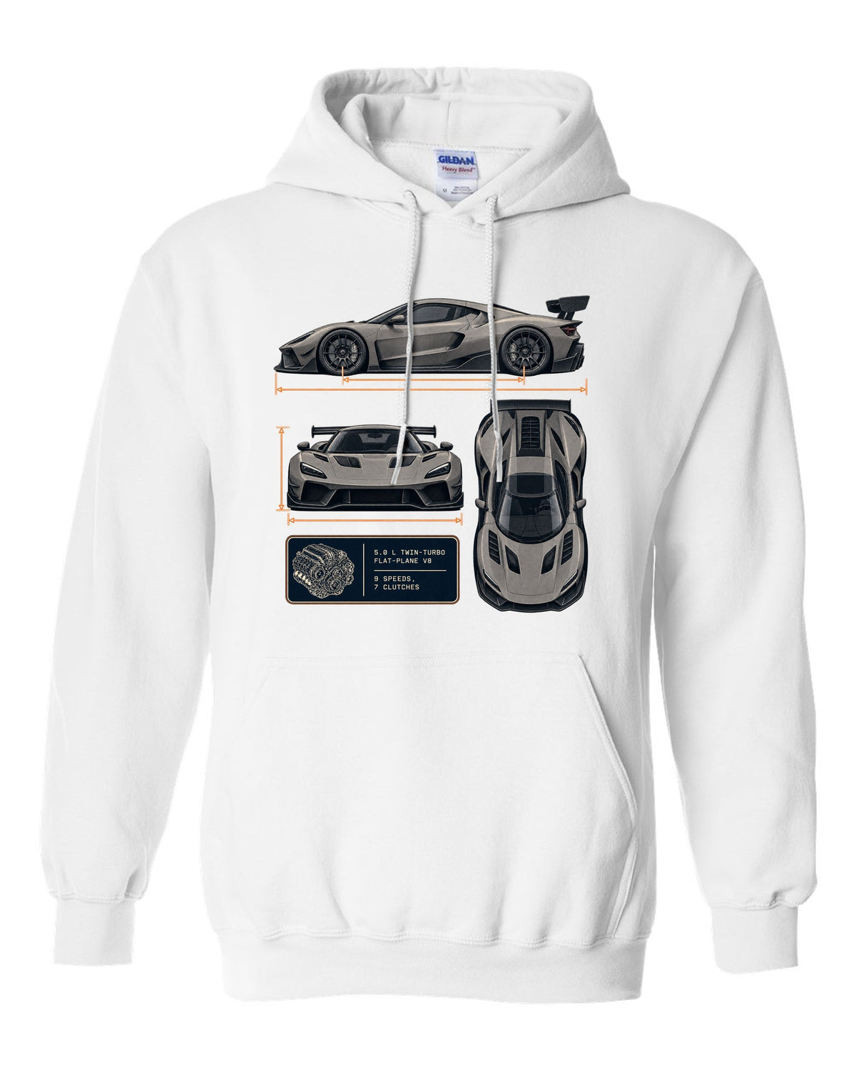 Three-view drawing and spec table of the Koenigsegg Jesko Attack, print white pull over hoodie front view with the design