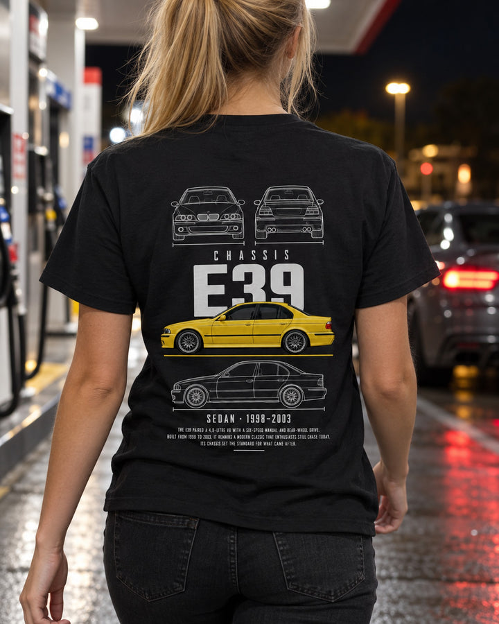 BMW E39 M5 sedan Blueprint Full-Back Graphic Tee, E39 Chassis Code T-Shirt Black worn hero
