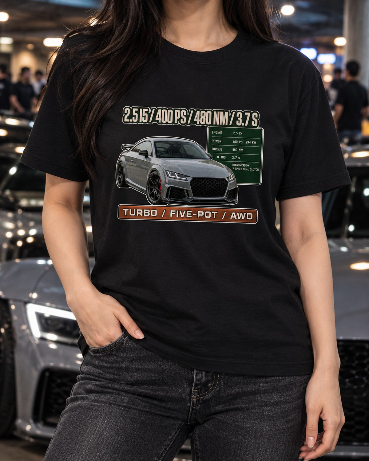 Audi TT RS 8S Spec Poster Shirt, 2.5 I5 400 PS print T-Shirt Black worn hero