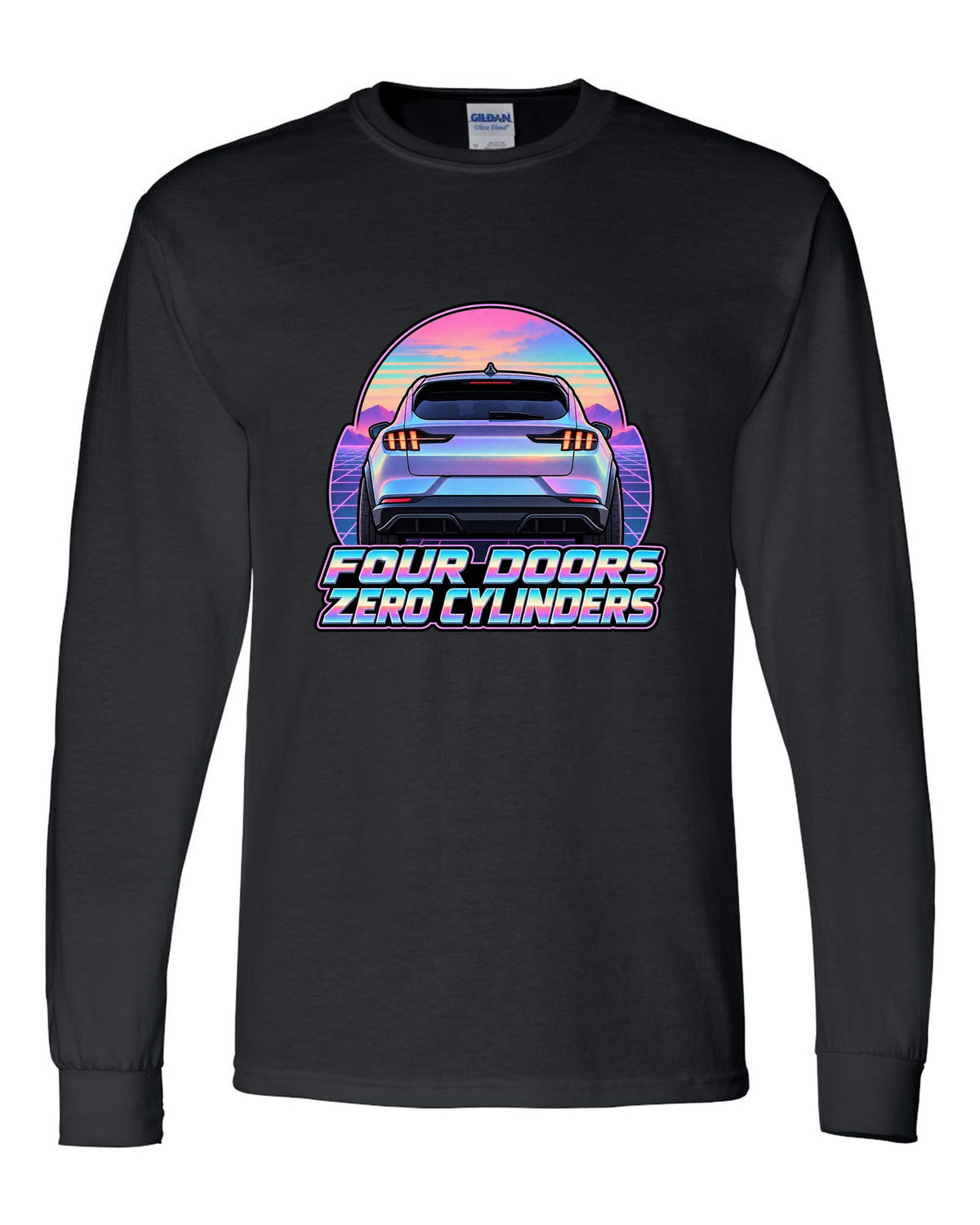 Vaporwave pastel print of a 2021 Ford Mustang Mach-E rear at dusk black long sleeve front view with the design