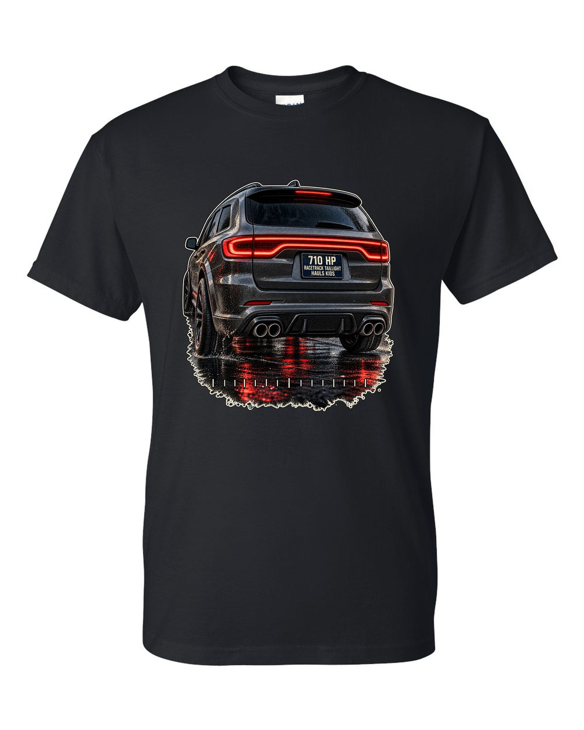print of a Dodge Durango SRT Hellcat taillight close-up black t-shirt front view with the design