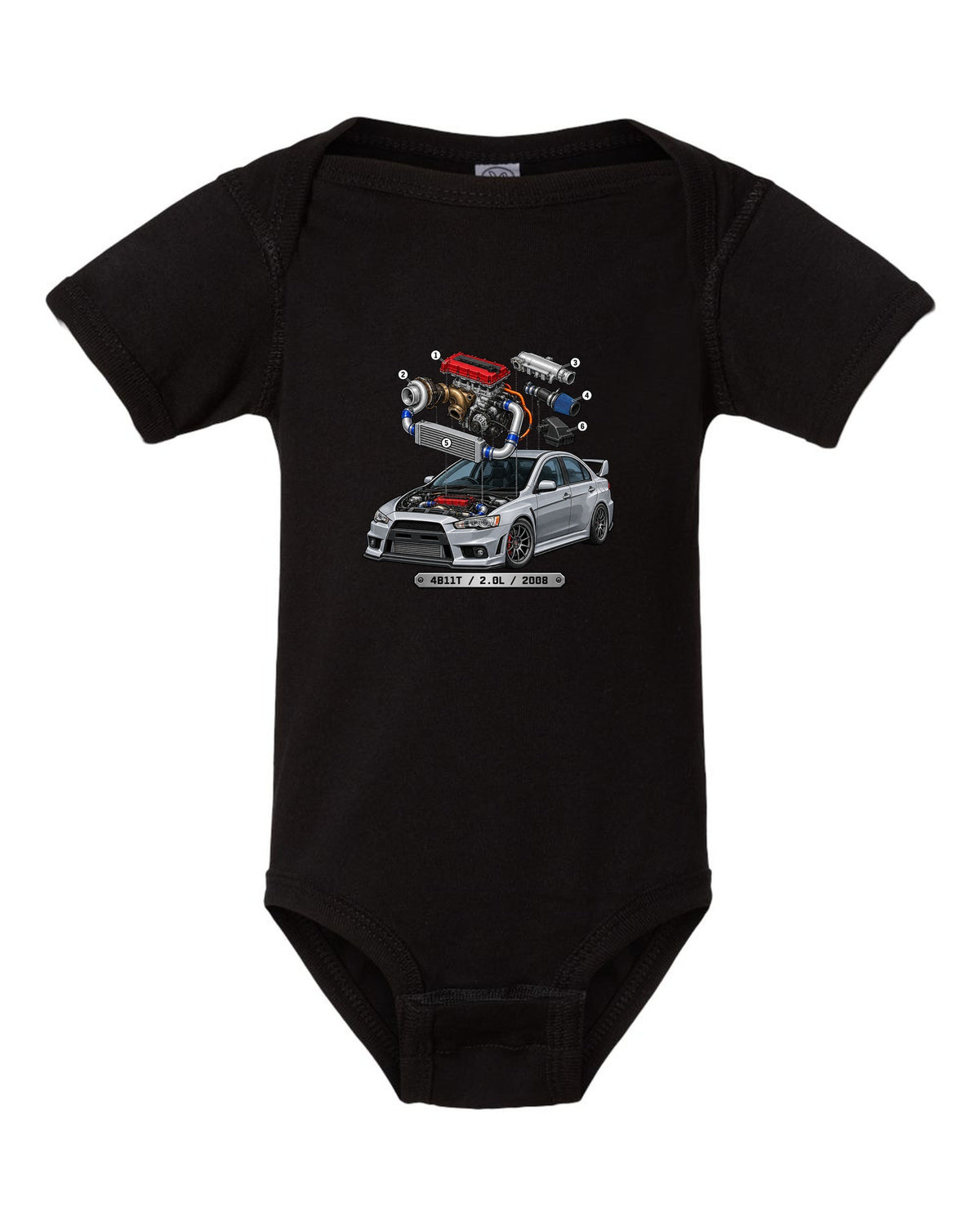 Exploded engine cutaway print for the Mitsubishi Evo X CZ4A with 4B11T 2.0L 2008 text black baby onesie front view with the design