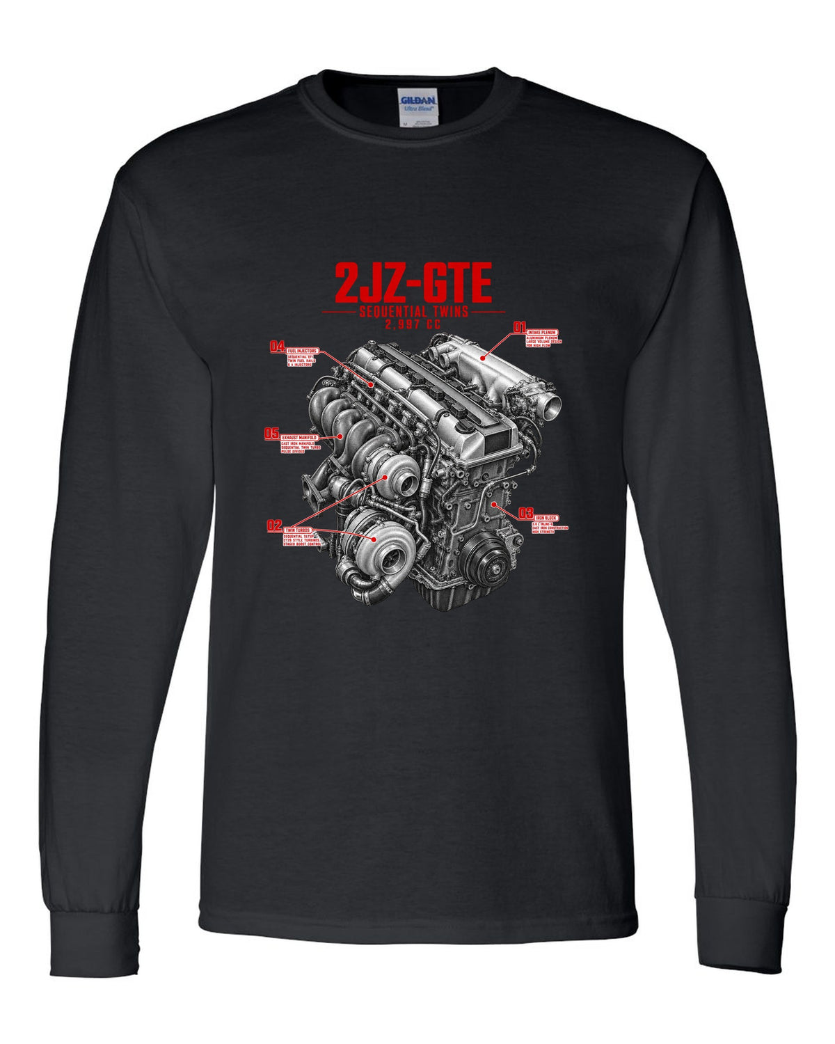 print of a Toyota Supra A80 2JZ-GTE engine with callouts for sequential twins and 2,997 cc black long sleeve front view with the design