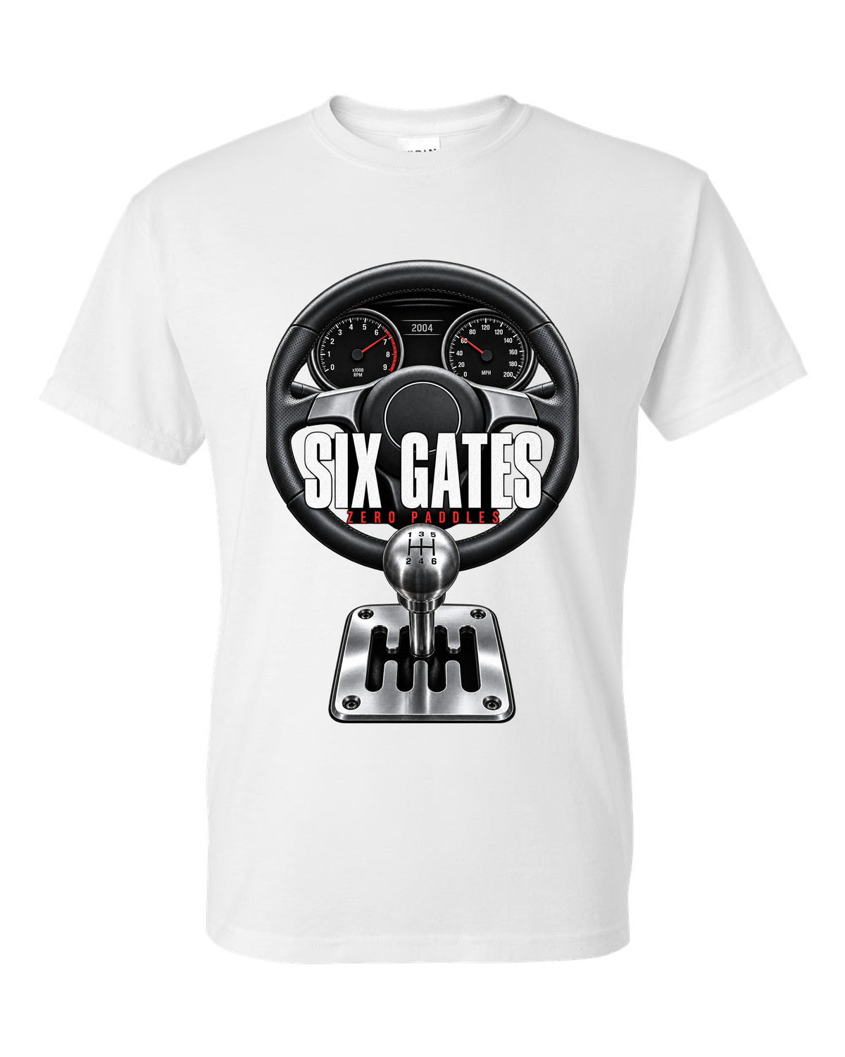 Cockpit print of a Lamborghini Gallardo with gated six-speed shifter and Six Gates text white t-shirt front view with the design