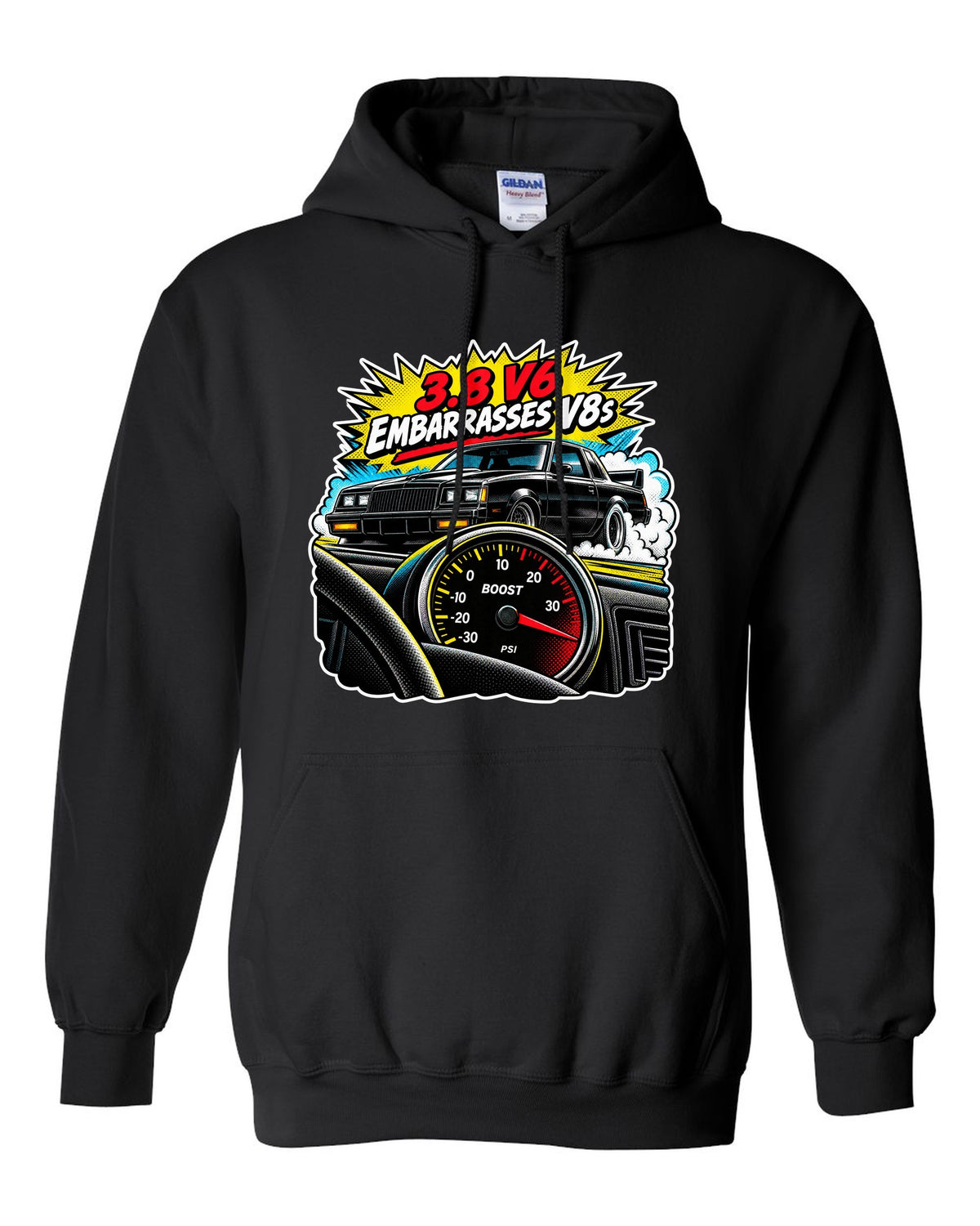 Comic halftone pop-art illustration of a 1987 Buick Grand National with boost gauge and V6 lettering black pull over hoodie front view with the design