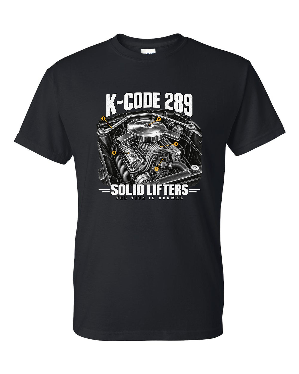 Engine illustration of a 1965 Ford Mustang K-code 289 V8 with solid lifter callouts black t-shirt front view with the design
